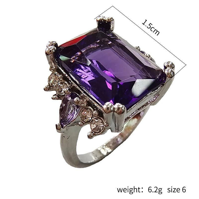 Personalized Purple Rectangular Zircon Inlaid Water Drop Zirconium Female Ring