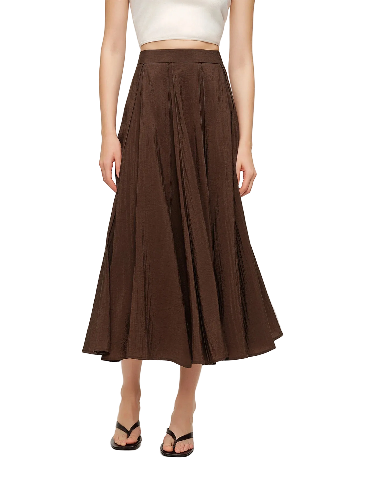 Brown skirt worn by a model on a white background with 'Dushu' branding.