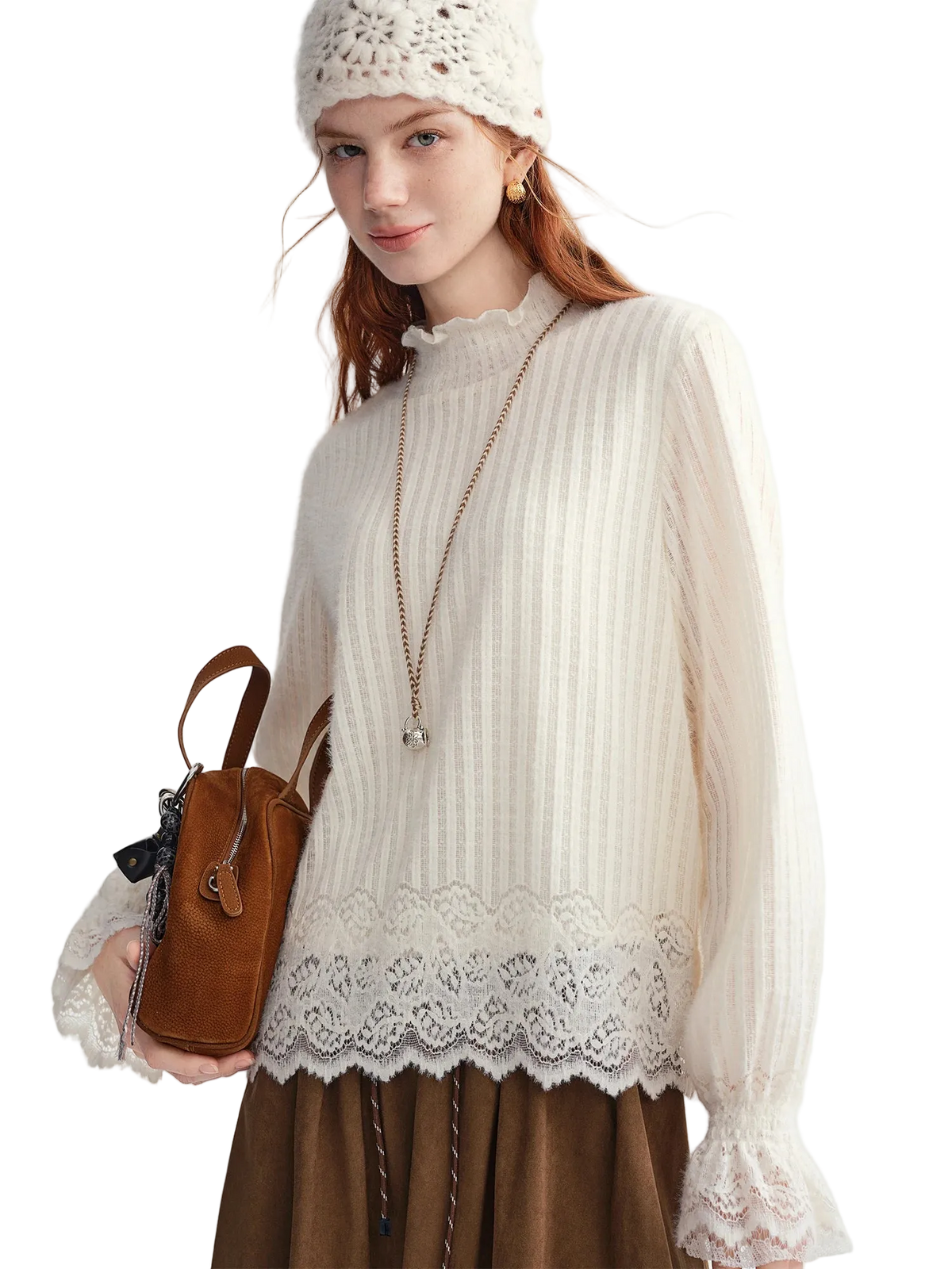 Woman wearing a white lace top and brown skirt, holding a brown handbag on a white background with 'DUSHU' branding.