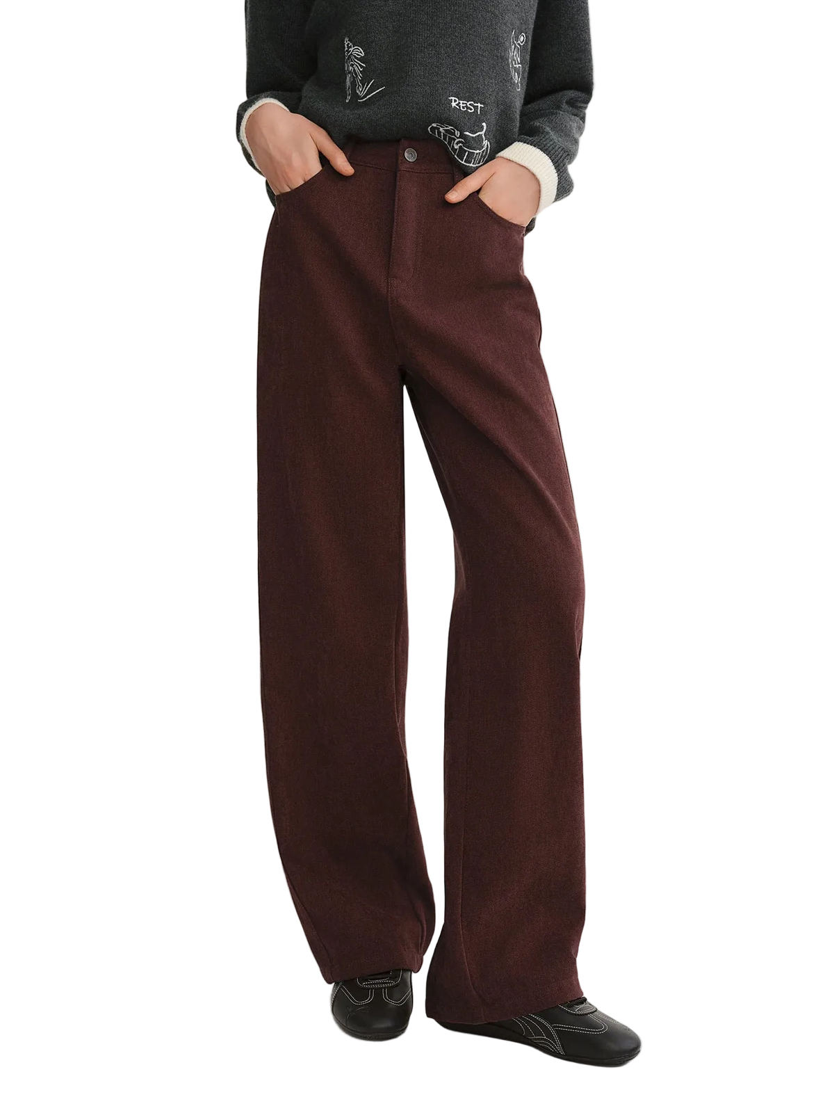 Person wearing brown wide-leg pants on a white background with 'DUSHU' branding.