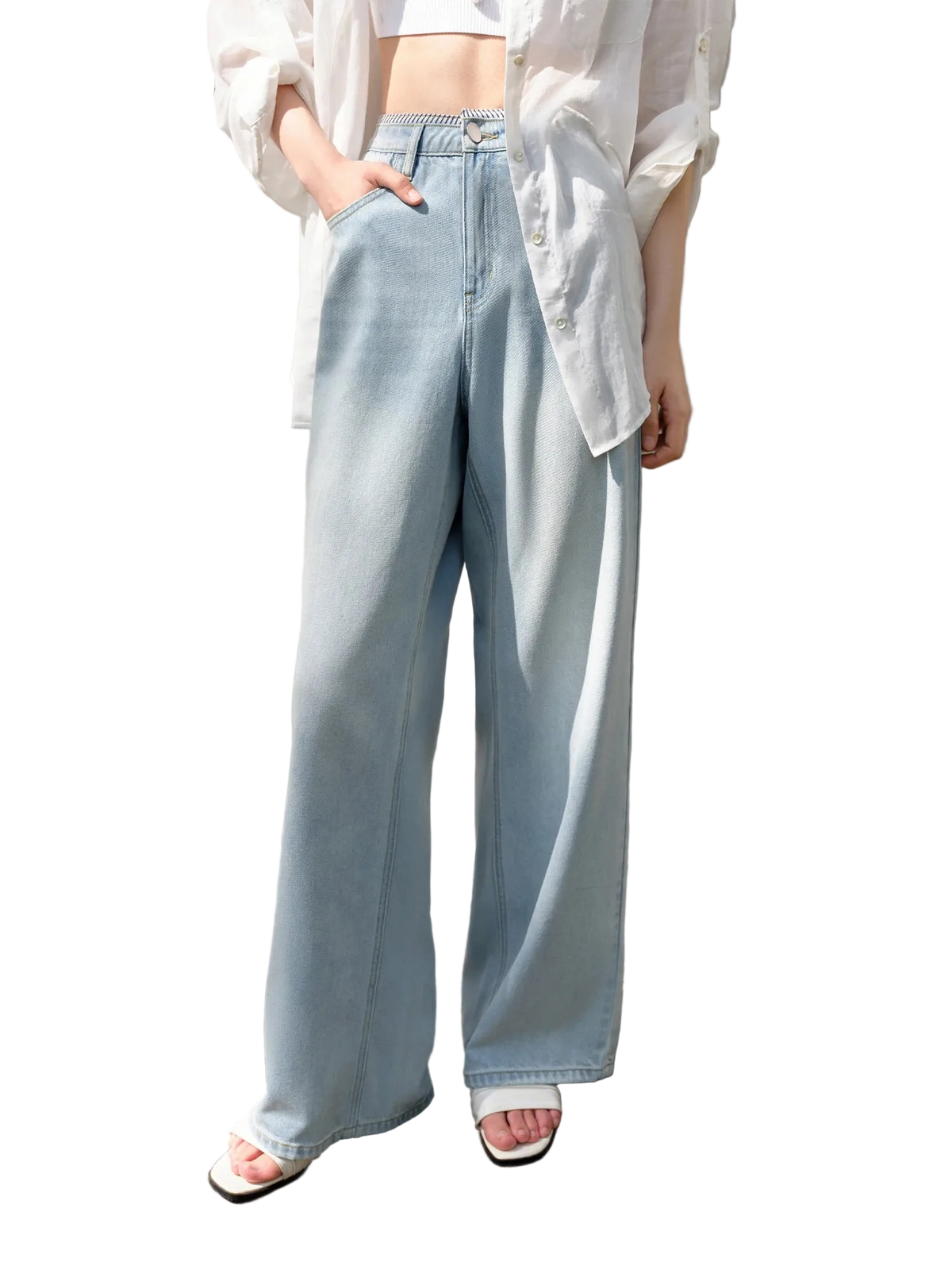 Person wearing light blue wide-leg jeans and a white top against a plain background