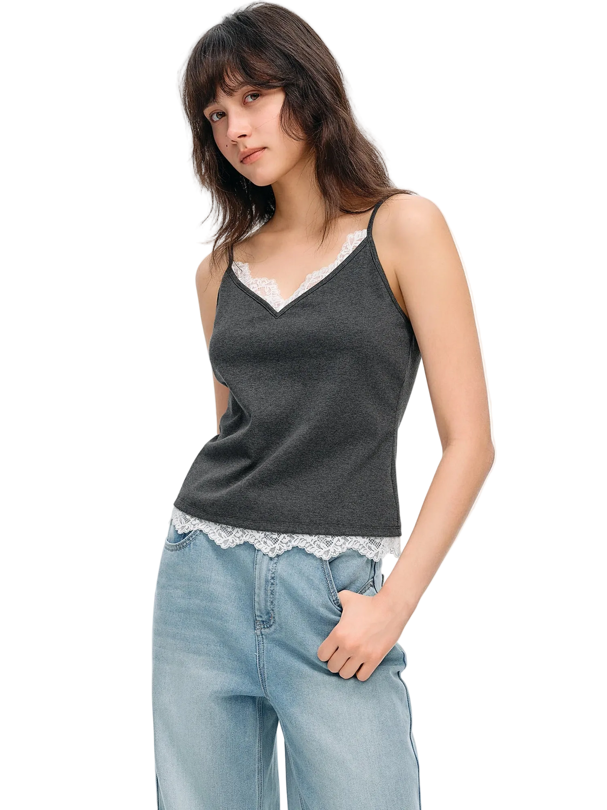 Woman wearing a gray tank top with lace trim and light blue jeans on a white background, branded 'Dushu'.