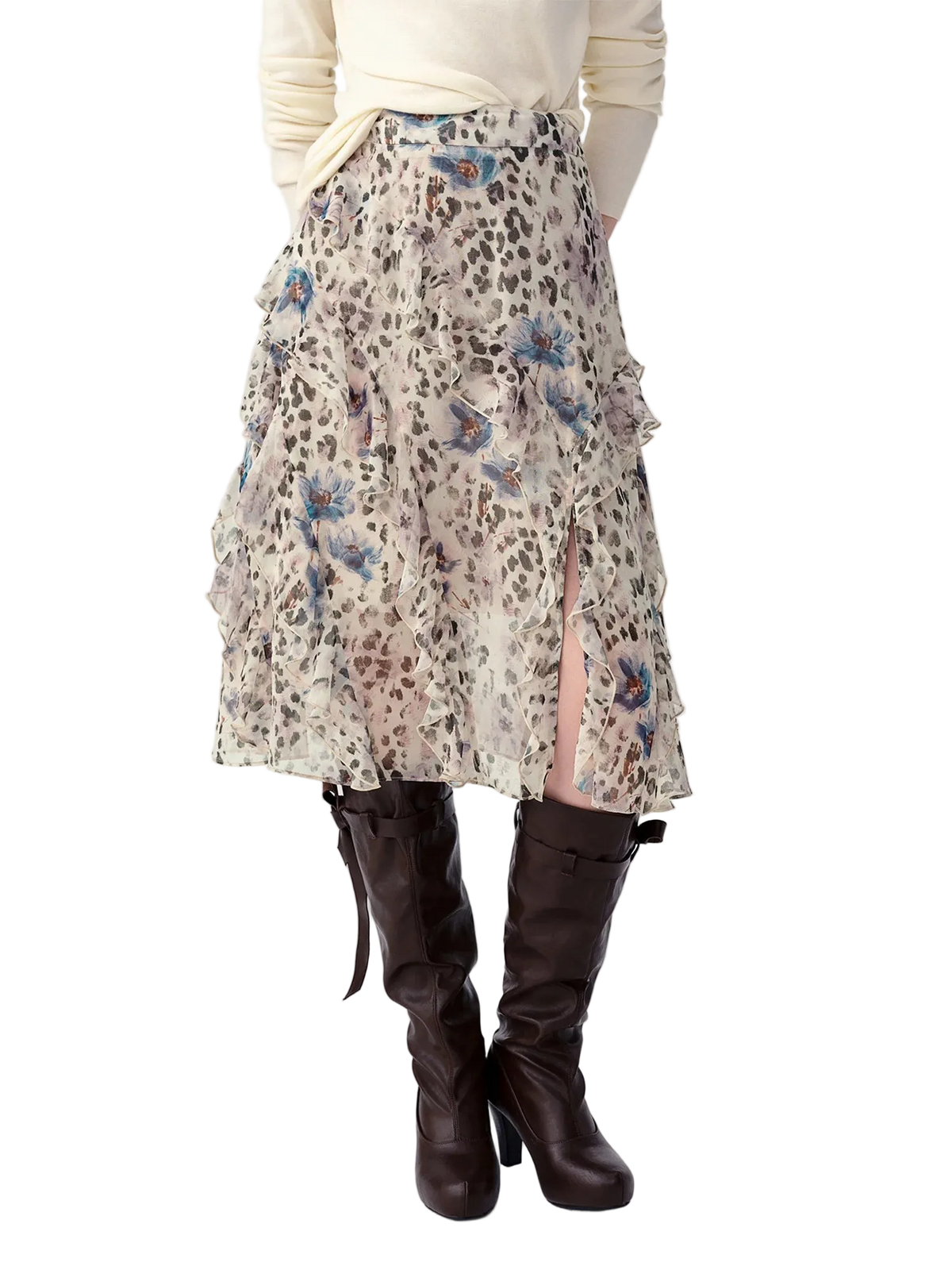 A model wearing a Dushu tiered ruffle midi skirt with a leopard print pattern and blue butterfly accents, paired with dark brown knee-high boots against a white studio background.
