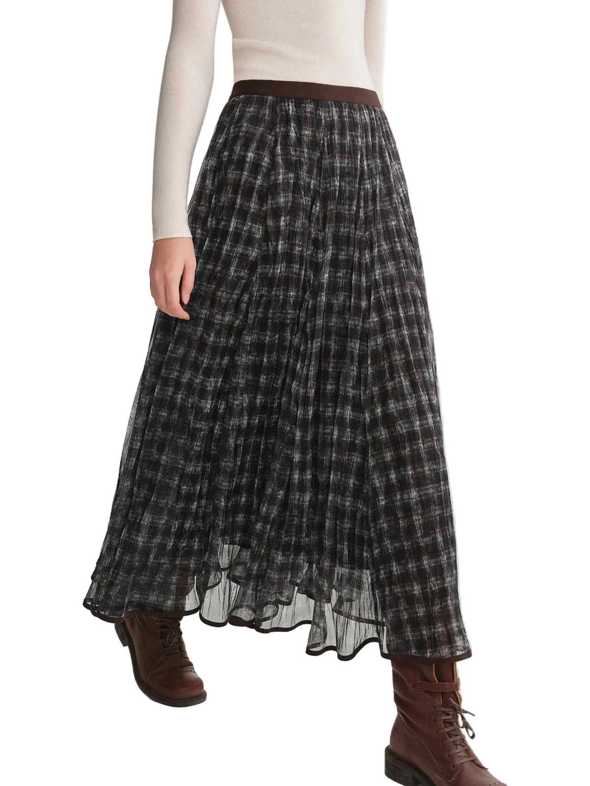 Plaid skirt worn by a person on a white background with 'DUSHU' branding.