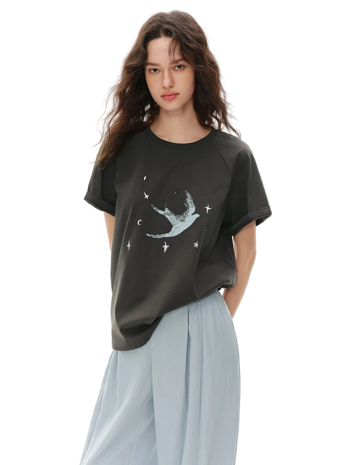 A woman modeling a dark charcoal gray short-sleeve t-shirt with a light blue bird and star graphic on the front, paired with light blue wide-leg pants. The brand name 'Dushu' is printed in black text in the top-left corner against a solid white background.
